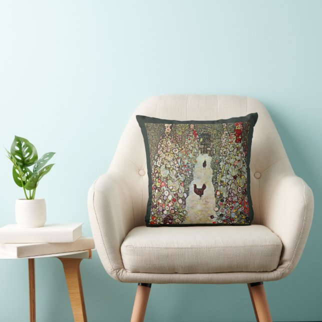 Garden Path w Chickens, Gustav Klimt, Art Nouveau Throw Pillow (Chair)