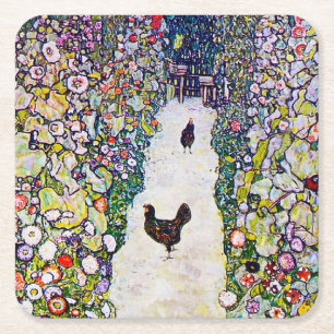 Garden Path with Chickens, Gustav Klimt Square Paper Coaster
