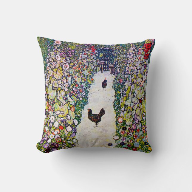 Garden Path with Chickens, Gustav Klimt Throw Pillow (Front)
