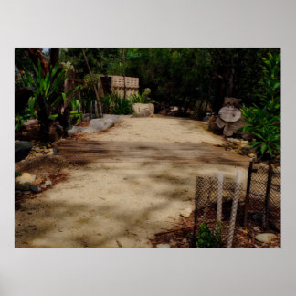 Garden Pathway Wooden Bridge Lush Greenery Poster