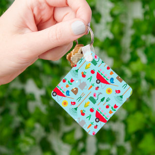 Garden Pattern Spring Flowers and Gardening Tools Keychain