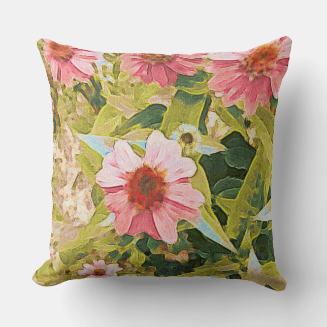 Garden Pink Coneflowers Green Leaves Original Art Throw Pillow (Front)