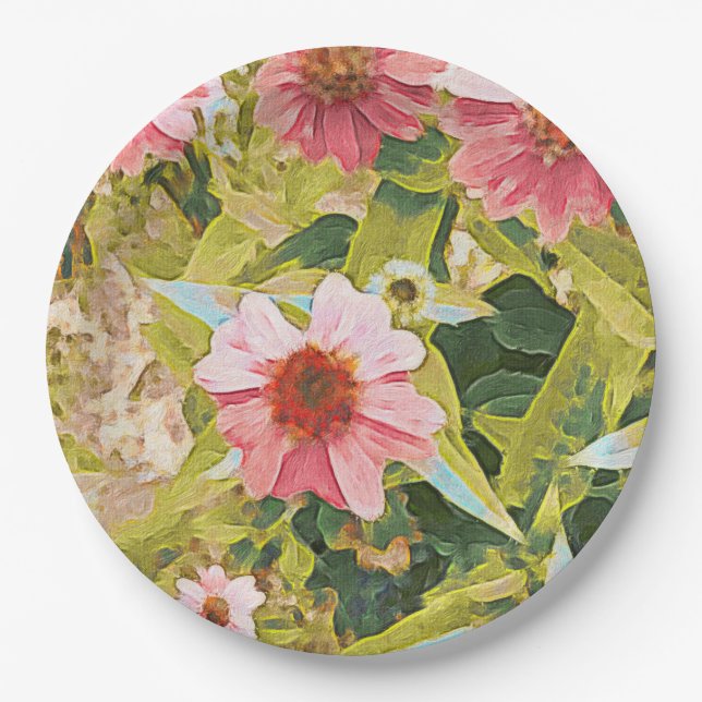 Garden Pink Coneflowers Green Leaves Party Paper Plate (Front)