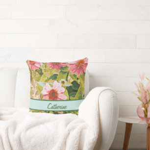 Garden Pink Coneflowers Leaves Name Personalized Throw Pillow