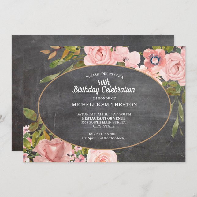 Garden Pink Floral Chalkboard 50th Birthday Invitation (Front/Back)