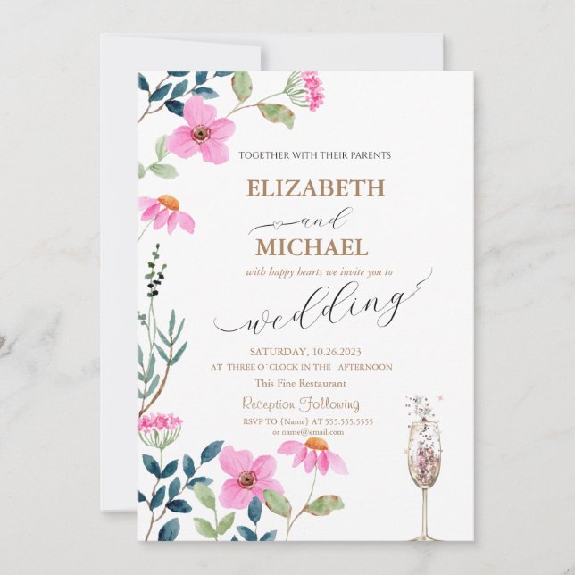 Garden Pink Flowers Champagne Glass Wedding  Invitation (Front)