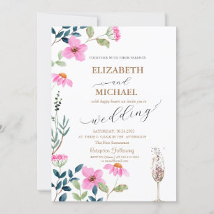 Garden Pink Flowers Champagne Glass Wedding  Invitation