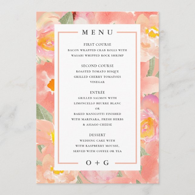 Garden pink Flowers. Luxury chic wedding Menu (Front)