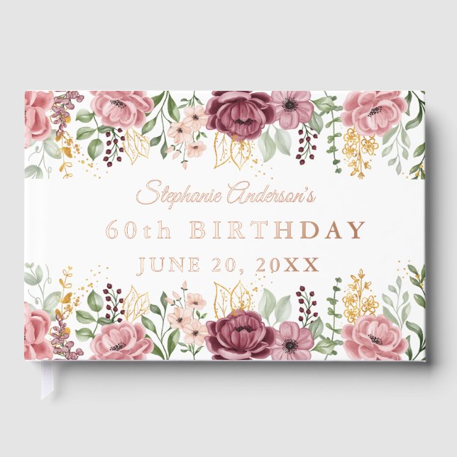 Garden Pink Summer Rose  Floral 60th Birthday Foil Guest Book (Front)