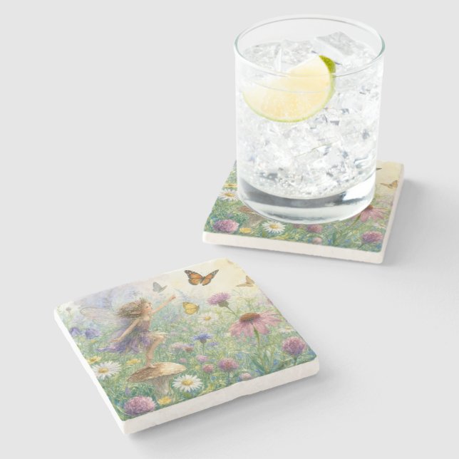 Garden Pixie with Butterflies Stone Coaster (Side)
