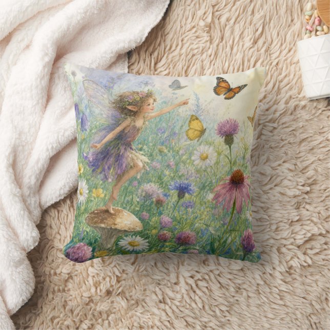 Garden Pixie with Butterflies Throw Pillow (Blanket)