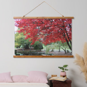 Garden Pond Autumn Coloured Maple Leaves Hanging Tapestry