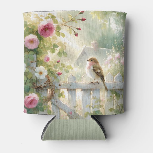 Garden Rose Bird Watercolor Scene Can Cooler (Front)