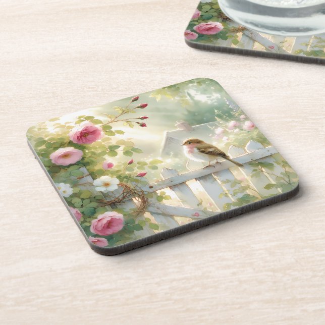 Garden Rose Bird Watercolor Scene Coaster (Left Side)