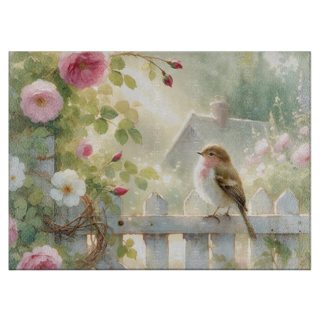 Garden Rose Bird Watercolor Scene Cutting Board (Front)