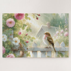 Garden Rose Bird Watercolor Scene Jigsaw Puzzle