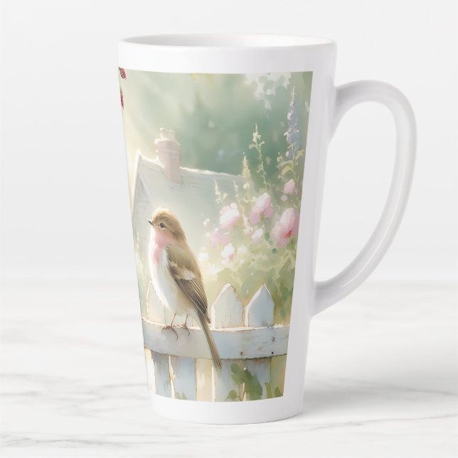 Garden Rose Bird Watercolor Scene Latte Mug (Right)