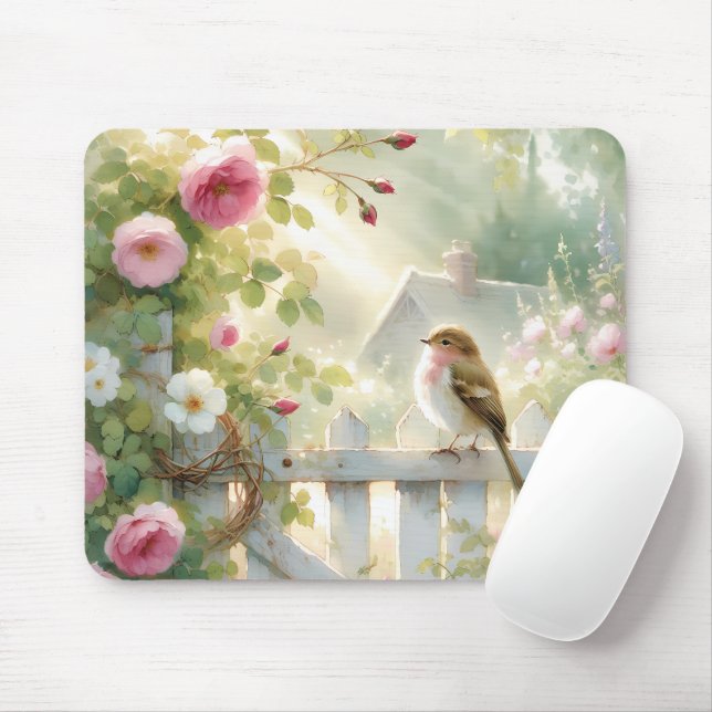 Garden Rose Bird Watercolor Scene Mouse Pad (With Mouse)
