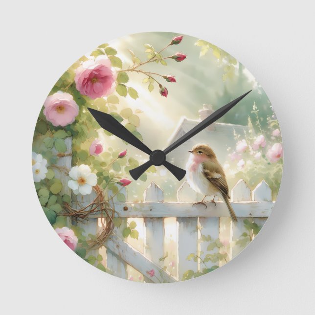 Garden Rose Bird Watercolor Scene Round Clock (Front)