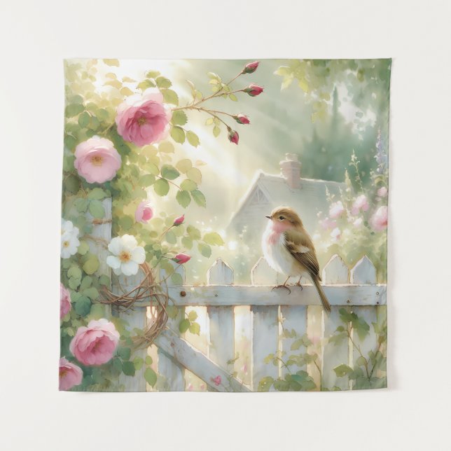 Garden Rose Bird Watercolor Scene Tapestry (Front)