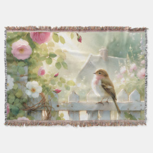 Garden Rose Bird Watercolor Scene Throw Blanket