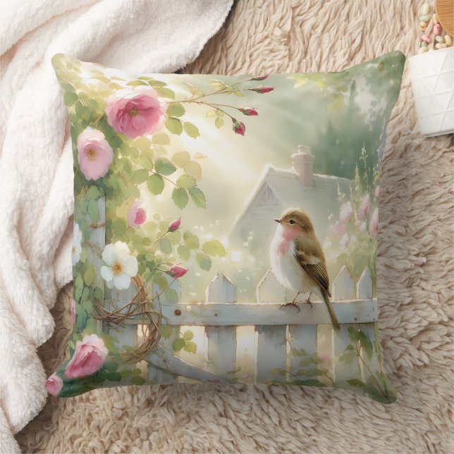 Garden Rose Bird Watercolor Scene Throw Pillow (Blanket)