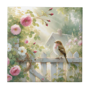 Garden Rose Bird Watercolor Scene Tile