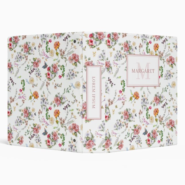 Garden Rose Pink Floral Watercolor Monogrammed Binder (Background)