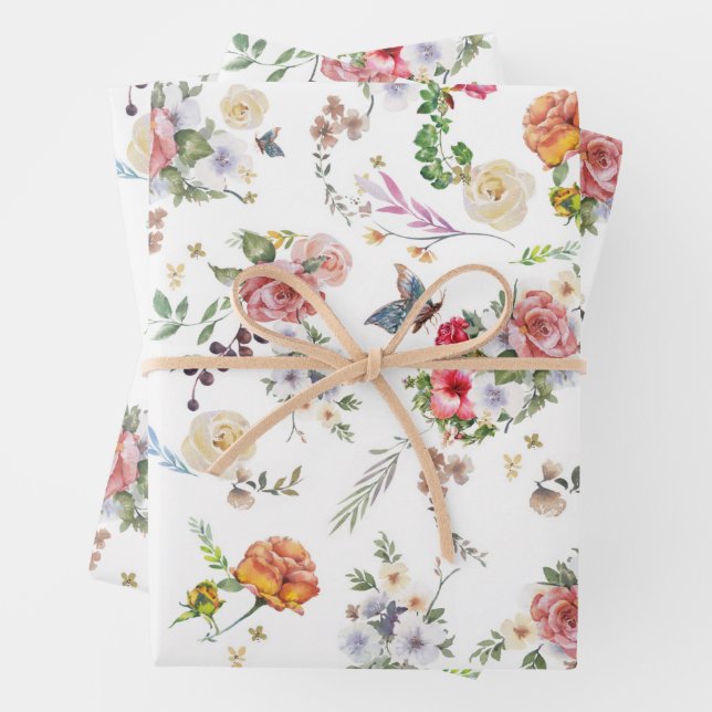 Garden Rose Romantic Floral Watercolor Wrapping Paper Sheet (In situ)