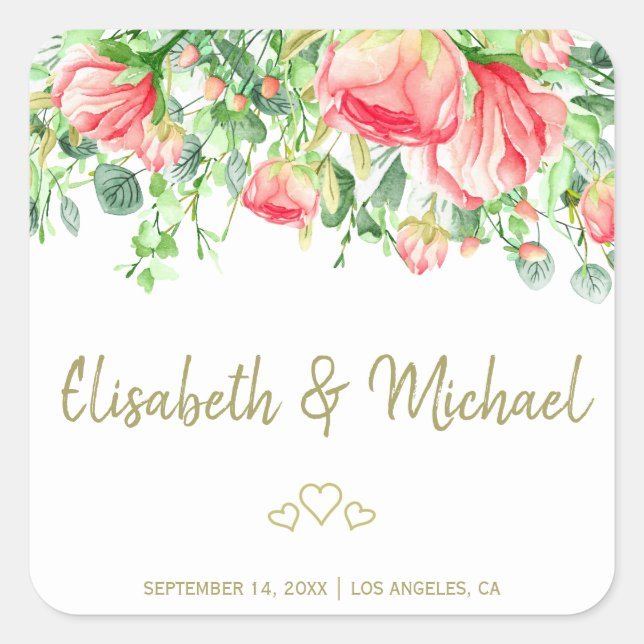 Garden roses elegant romantic wedding favour square sticker (Front)