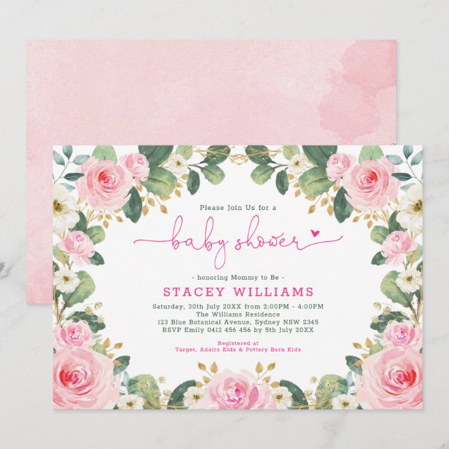 Garden Roses Hot Pink Floral Greenery Baby Shower Invitation (Front/Back)