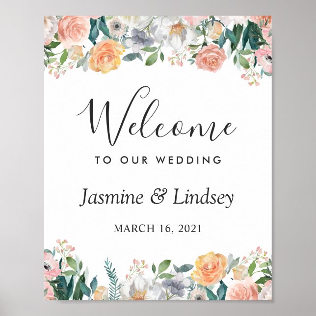 Garden Roses Peonies Floral Wedding Welcome Sign (Front)
