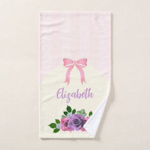 Garden Roses Pink Stripes Hand Towel