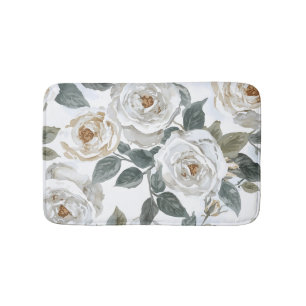 Garden Roses   White Watercolor Floral Vintage Bath Mat