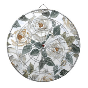 Garden Roses   White Watercolor Floral Vintage Dartboard