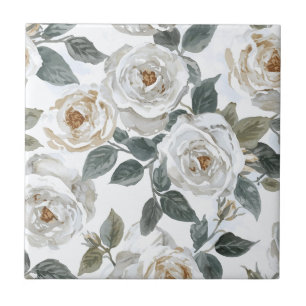 Garden Roses White Watercolor Floral Vintage Tile