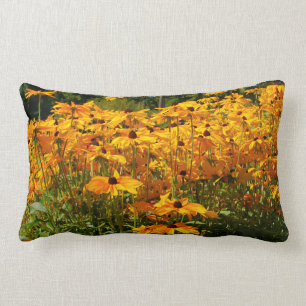 garden scene, golden illuminating yellow flowers lumbar pillow