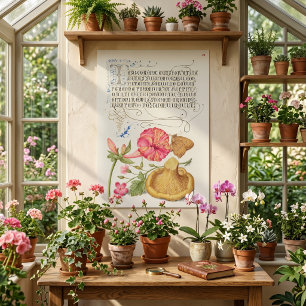Garden Scene with Flowers, Butterfly and Mushroom Poster
