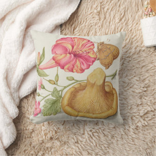 Garden Scene with Flowers, Butterfly and Mushroom Throw Pillow