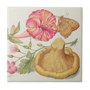 Garden Scene with Flowers, Butterfly and Mushroom Tile