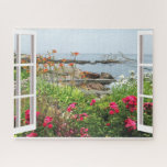 GARDEN SEA WINDOW FRAME SCENIC OGUNQUIT, MAINE  JIGSAW PUZZLE<br><div class="desc">A lovely view of the Atlantic Ocean from the Ogunquit Art Museum. A short walk from Perkins Cove, the museum and its three acres of sculpture gardens overlook Narrow Cove and the Atlantic Ocean. This jigsaw puzzle not only provides entertainment but also is a beautiful keepsake that can be enjoyed...</div>