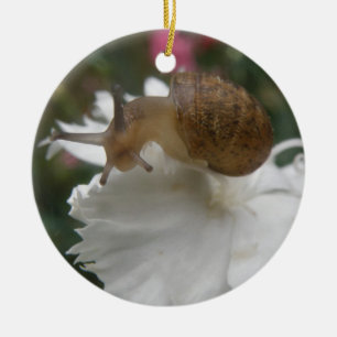 Garden Snail and White Carnation Custom Birthday Ceramic Ornament