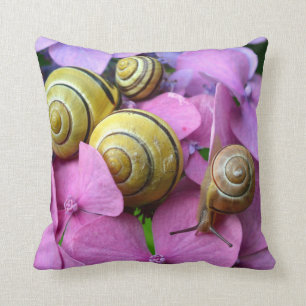 Garden Snails on Pink Flowers Throw Pillow