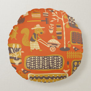 Garden Squirrels: Whimsical Animal Scene Round Pillow