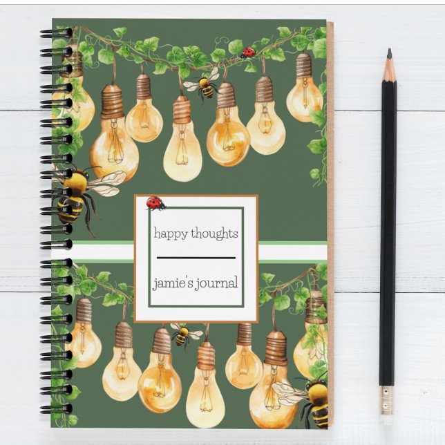 Garden String Lights with Bees. Ladybug, Ivy Notebook (Garden themed customizable spiral notebook journal in green and gold with bees, ladybugs. )
