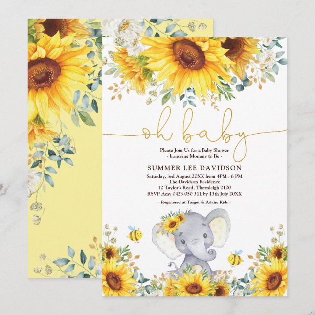 Garden Sunflowers Elephant Neutral Baby Shower Invitation (Front/Back)