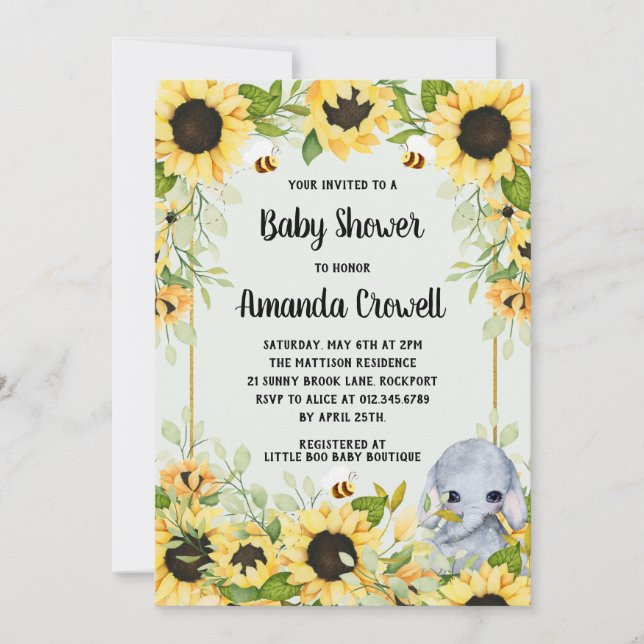 Garden Sunflowers Elephant Neutral Baby Shower Invitation (Front)