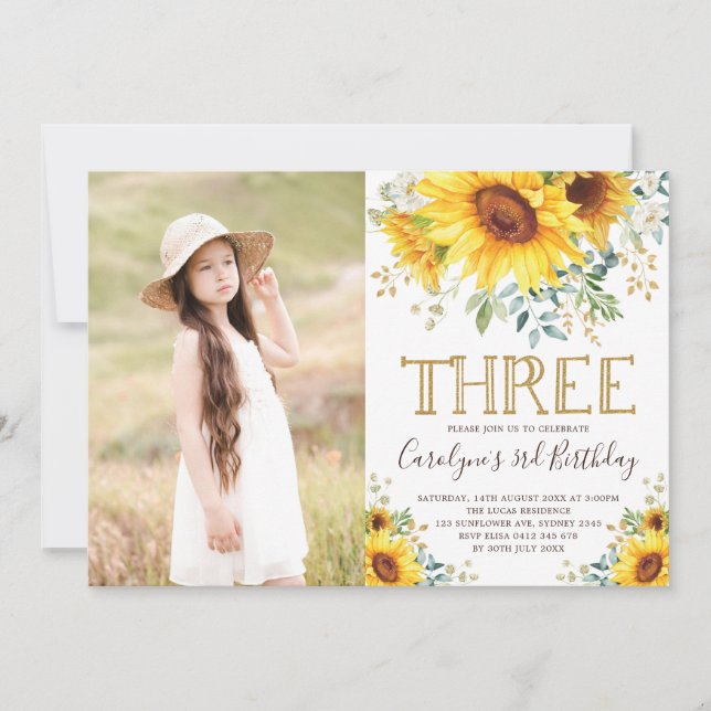 Garden Sunflowers Greenery 3rd Birthday Photo Invitation (Front)
