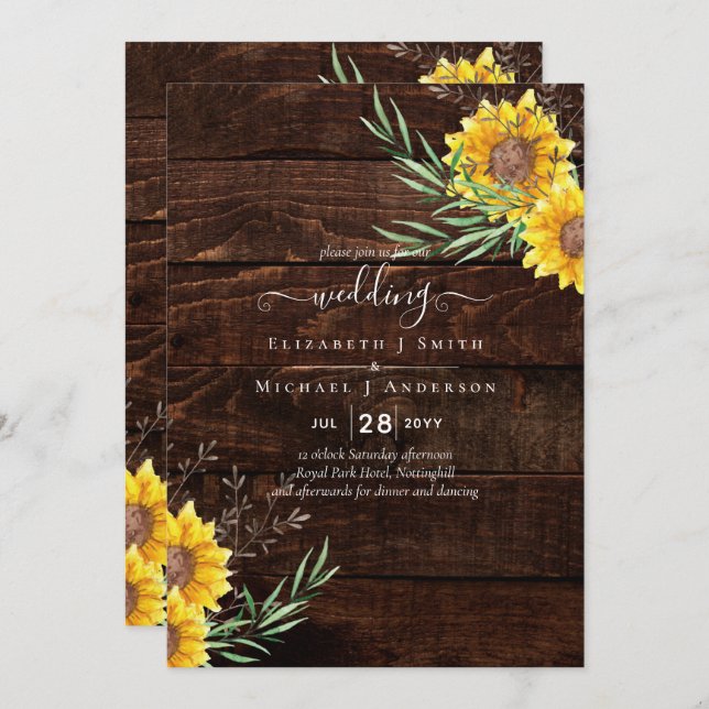 Garden Sunflowers Rustic Wood Wedding (Front/Back)