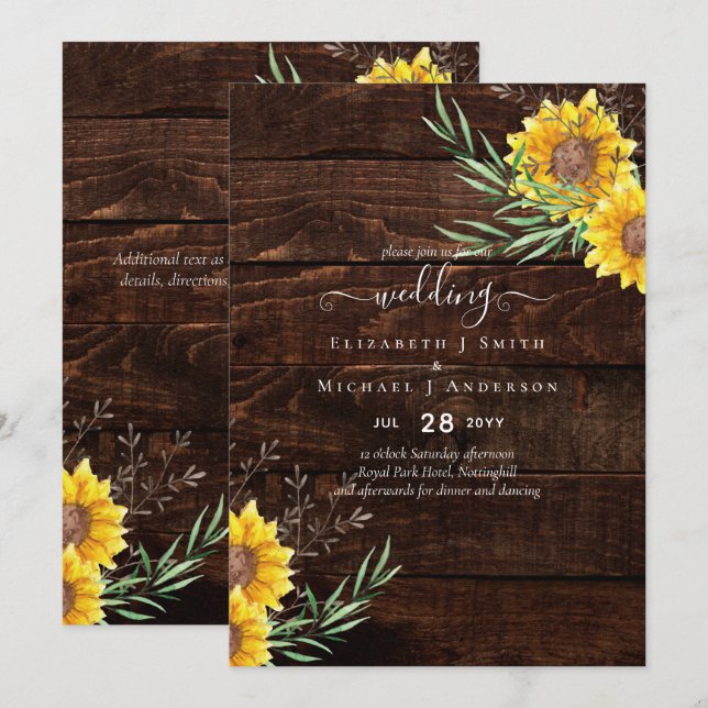 Garden Sunflowers Rustic Wood Wedding (Front/Back)